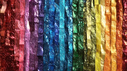 Vertical rainbow foil strips with reflective textured surface.