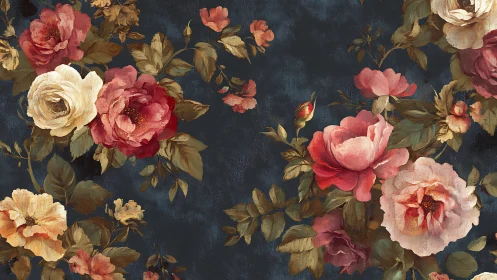 Layered Floral Composition with Crimson Peonies on Midnight Ground.