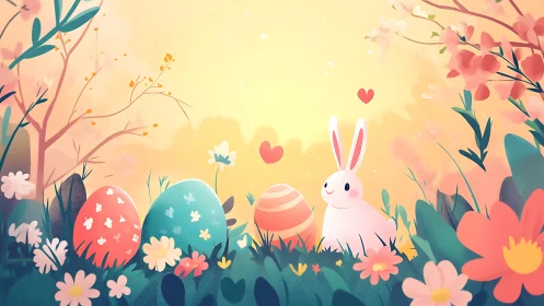Easter bunny beside pastel eggs in glowing spring meadow.