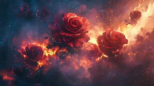 Fiery Roses Bloom in Cosmic Flames.