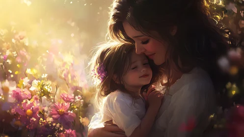 Mother and child embrace closely in a soft glowing meadow