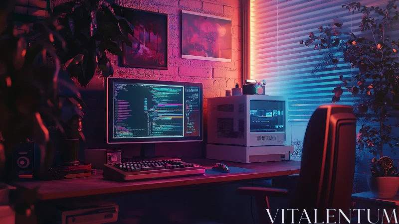 Cozy neon coding desk glowing with retro-futurist calm.