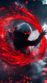 White haired figure encircled by red energy vortex in dark sky.