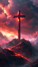 Molten crucifix rising above volcanic ridge under burning sky