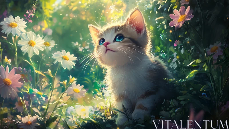 Luminescent Feline Portrait in Floral Environment with Optical Glow Effects.