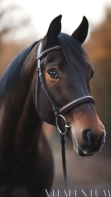 Soft dusk gathers as a sleek bay horse listens with bright eyes