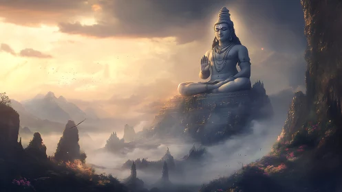 Majestic mountain deity smiles softly above misty valleys