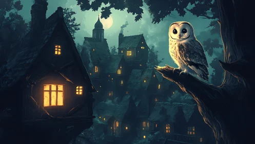 Fantasy nocturne with owl and moonlit village composition.