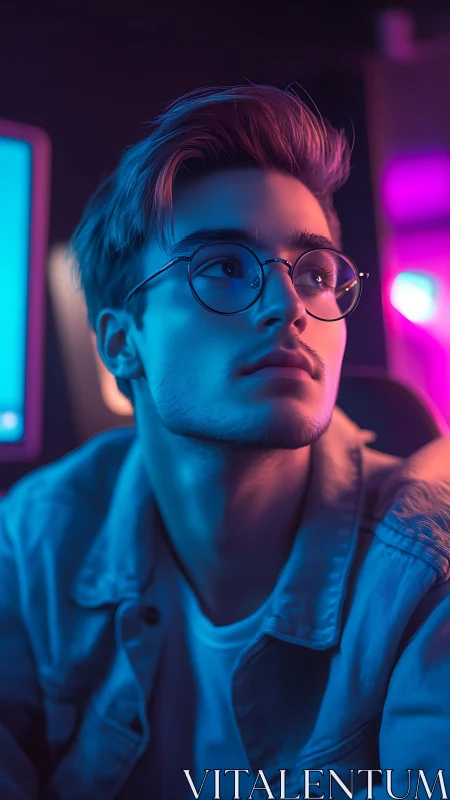 Neon-lit young man in glasses under soft cyan magenta lighting