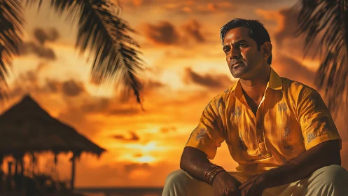Photorealistic sunset portrait with tropical warm backlighting.