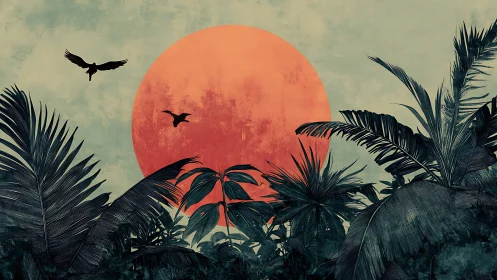 Tropical silhouettes cut against oversized red grunge sun.