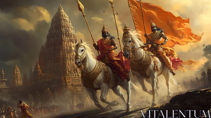 Sunlit warrior cavalcade before towering temple spires.