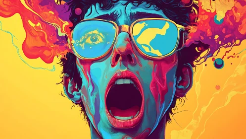 Hyper-saturated portrait with fluid paint explosions and mirrored lenses