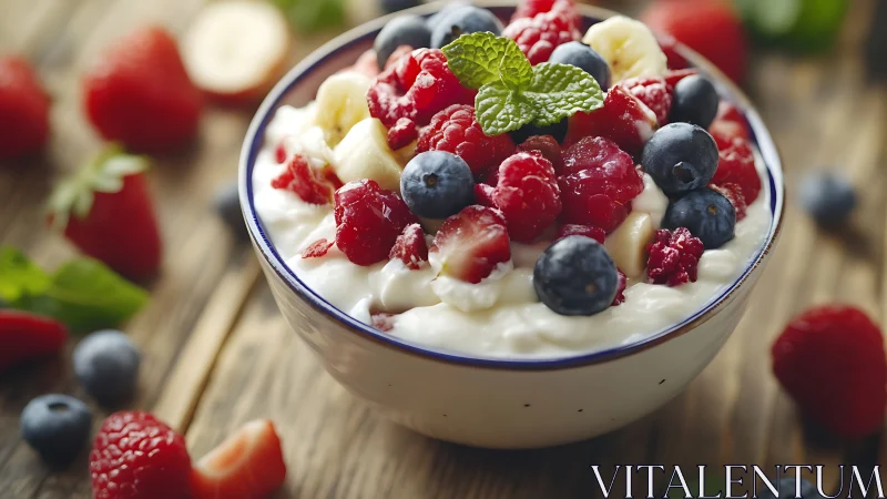 Mixed berries and banana slices cover yogurt in white bowl
