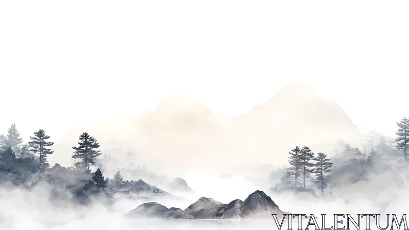 Misty pine mountainscape rendered in soft ink wash style.