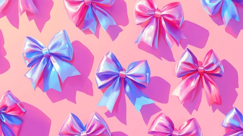 3D Rendered Iridescent Ribbon Bows with Gradient Metallic Surfaces and Soft Shadows