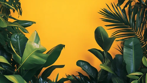 Tropical foliage composition against bold yellow backdrop.