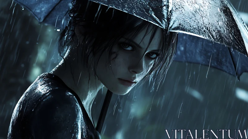 Brooding woman in rain under umbrella, cinematic night portrait.