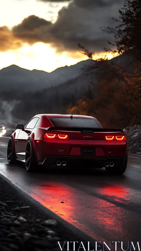 Red sports coupe on wet mountain road at sunset glow.