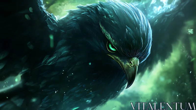 Majestic Dark Hawk in Fantasy Style with Intense Green Eyes.