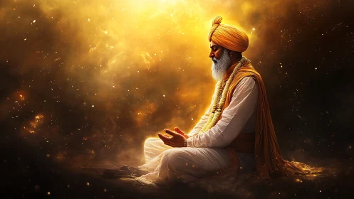 Golden light embraces a serene elder in deep meditation