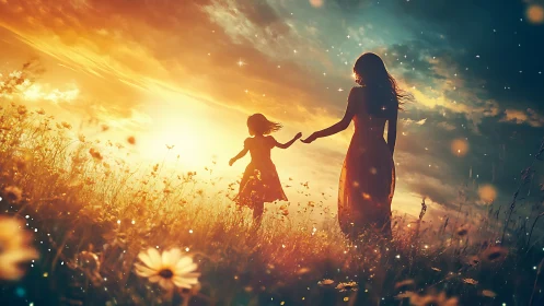 Sunlit wildflowers applaud as mother and child chase stardust