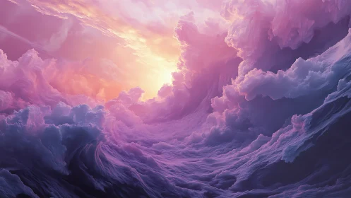 Surreal lavender cloudscape swirling toward radiant sun.