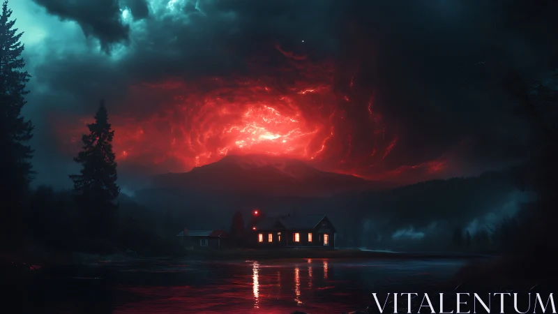 Lakeside cabin under apocalyptic red storm vortex sky.