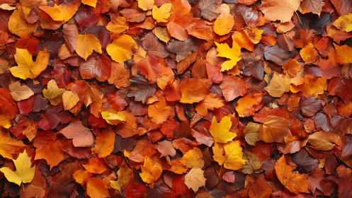 Colorful autumn leaves covering the ground in layers.