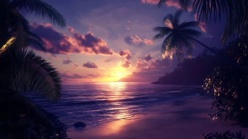 Tropical shoreline glows under a vivid violet sunset sky.