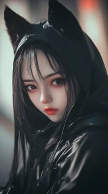Hyperreal cat-eared girl portrait in glossy black hooded coat