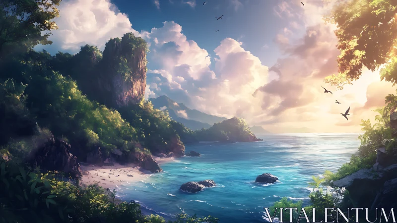 Tropical island cove with limestone cliffs during golden hour.