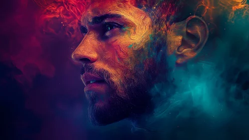 Nebulous portrait of a man in swirling cosmic colors.