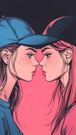 Mirror-girl standoff in neon caps and electric whispers.