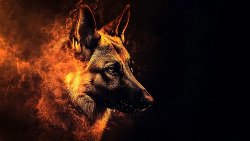Blazing shepherd portrait in molten orange embers glow.