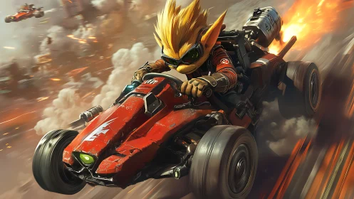 Cartoon racer in red combat kart on blazing track.