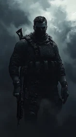 Tactical shadow operative in low-key atmospheric combat staging.