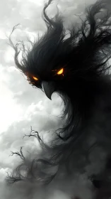 Stormborn shadow raven with burning eyes in clouds.