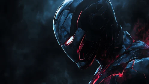 Brooding crimson mech knight in stormy neon dusk armor.