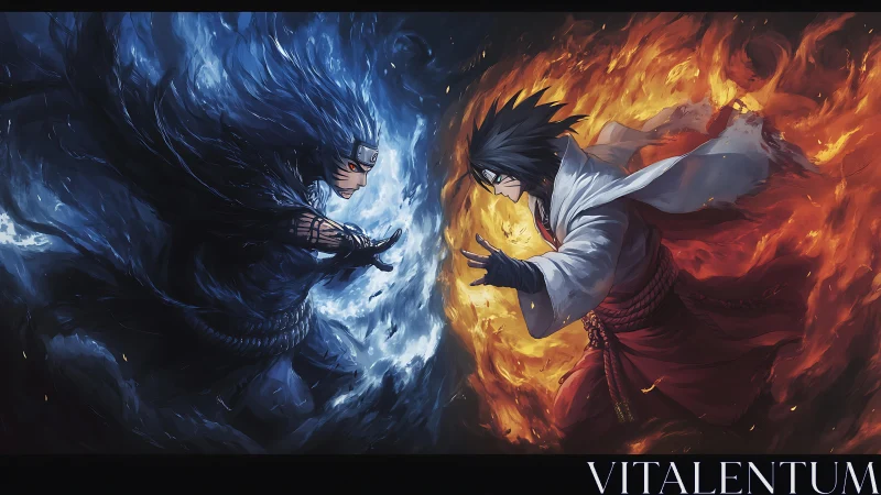 Two opposing ninja figures confront within blue and orange energy
