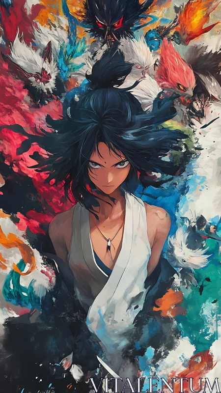 Central figure with surrounding beast forms is rendered in color