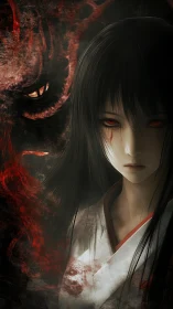 Blood-eyed shrine girl beside looming demonic shadow spirit.