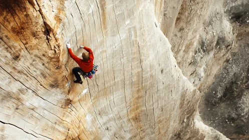 Vertical sandstone scroll curls around a lone red-clad climber