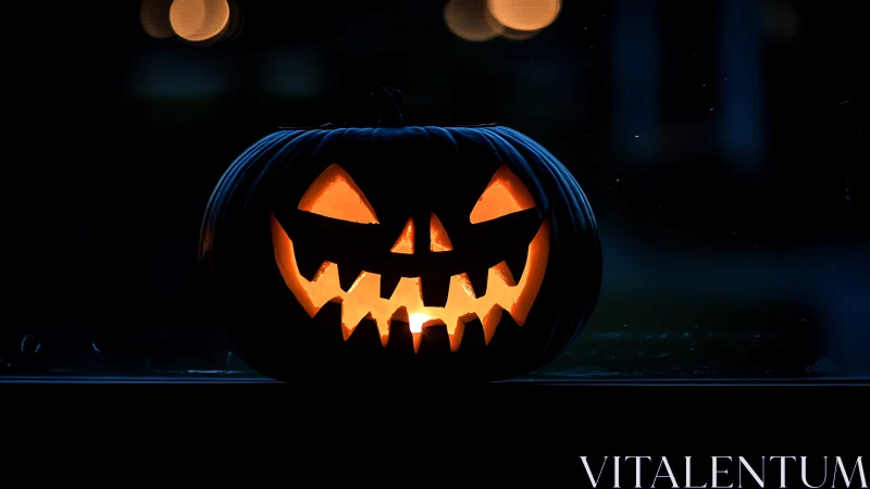 Carved jack o’ lantern on windowsill in dark setting.