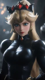 Regal blonde warrior stands poised in sleek black armor.