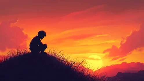 Silhouetted child sits on grassy hill beneath vivid sunset sky