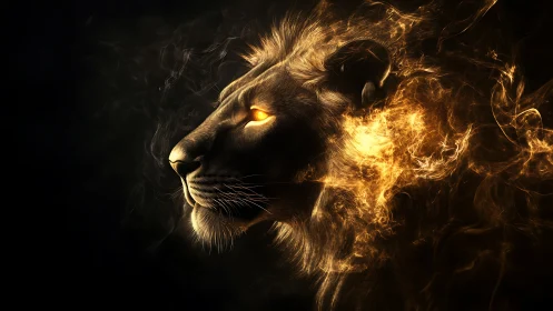 Lion profile rendered with luminous fiery line effects