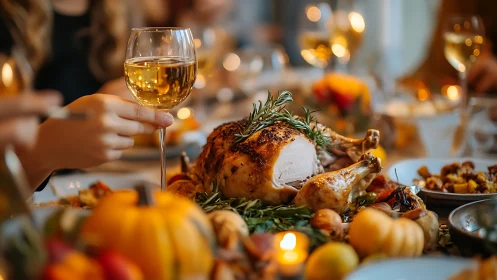 Roast turkey centerpiece anchors warm autumn feast scene.