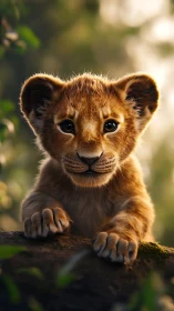 Curious lion cub rests on sunlit forest rock ledge