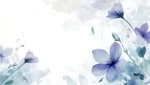 Watercolor purple flowers with soft blue foliage on white background